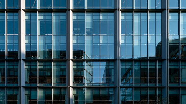 Modern office building exterior with reflective blue glass windows facade