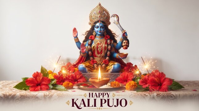 Kali Pujo 3D illustration with goddess Kali statue, red hibiscus flowers, lit diya lamp, and festive sparklers for Hindu festival
