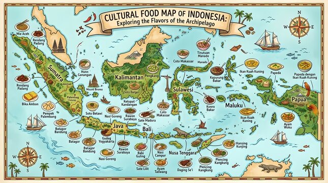 Cultural Food Map of Indonesia Vector Illustration - Vintage Archipelago Map Displaying Regional Cuisine and Traditional Dishes