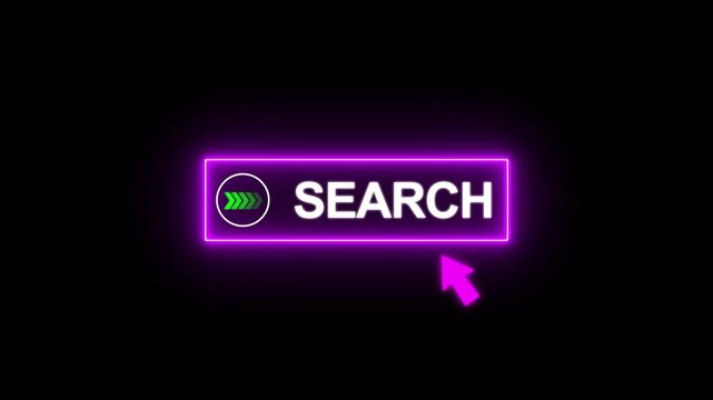 Neon Purple Glowing Search Button with Magnifying Glass Icon and Mouse Cursor Click Animation 4K Loop on Black Background