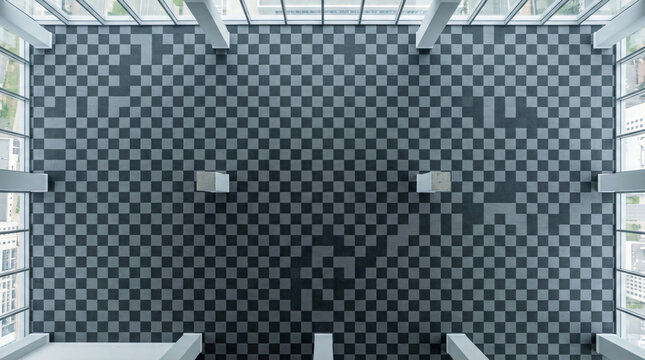 Modern office interior with checkered carpet tiles | Empty commercial real estate space with windows | Top view of modern workspace architecture | Minimalist building interior with white columns