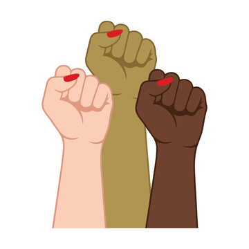 Three diverse raised fists representing unity and equality of different skin tones Vector