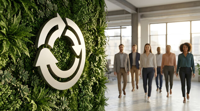 Circular economy symbol, professional team walking forward, lush green plant wall, bright modern office lobby, ideal for sustainability marketing, ESG corporate reports and green business ads