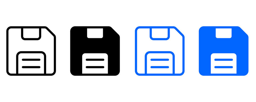 Modern Minimal Save Icon Sheet. High Resolution 2D Outline and Solid Floppy Disk UI Icons Collection.