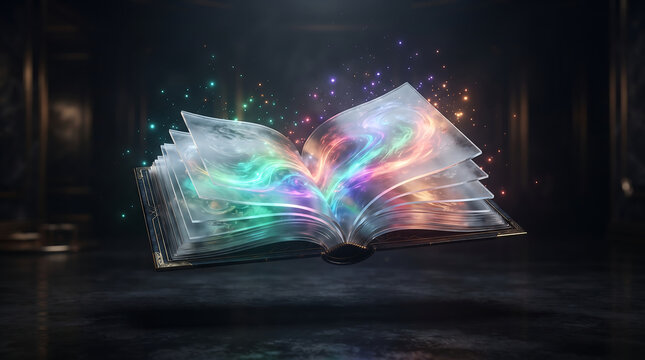 An open book radiates swirling colorful energy from its pages in a darkened atmospheric setting ancient tome volume manuscript literature knowledge learning