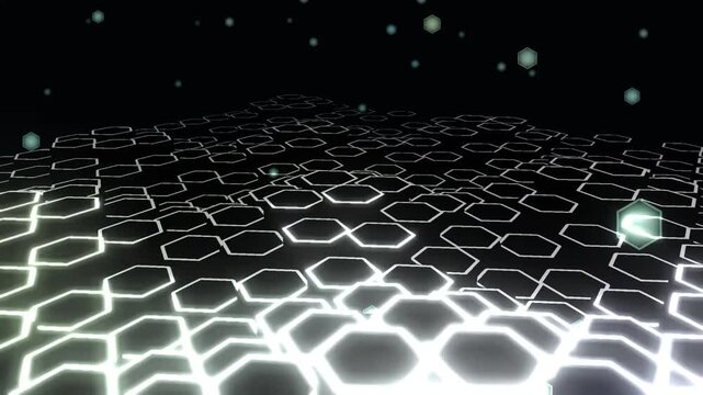 Futuristic glowing hexagon grid, digital white honeycomb landscape, abstract technology background with floating particles