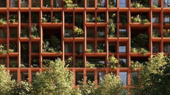 Modern sustainable apartment building facade with vertical garden and greenery