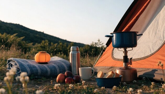 Camping gear and stove near orange tent