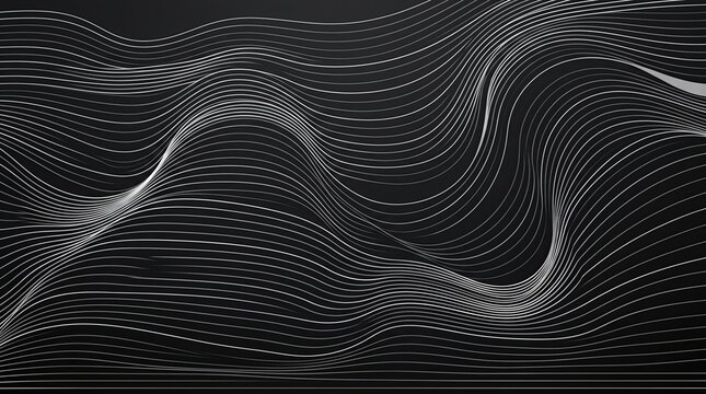 Abstract black and white digital art featuring intricate flowing wave patterns and hypnotic geometric lines for modern background
