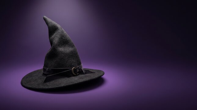 A classic black witch hat with a decorative buckle sits on a purple background with soft lighting