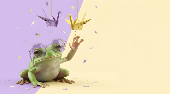 Green frog character, wearing purple hexagonal glasses reaching for golden origami cranes, falling confetti and hanging paper birds, on split pastel background with copy space, marketing asset.