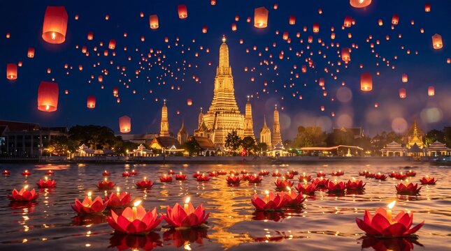 Floating lanterns on water reflecting temple lights during loy krathong festival