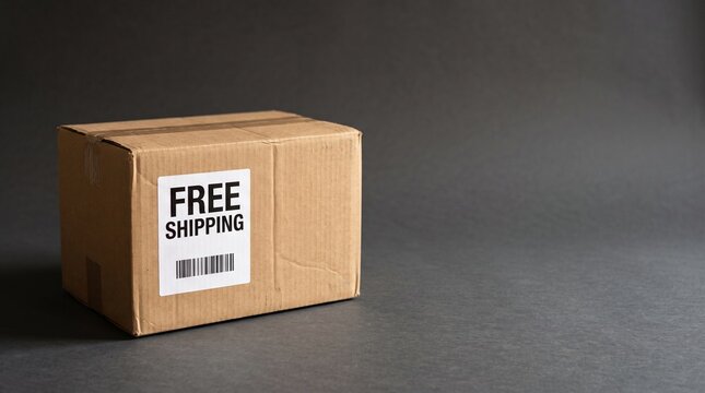Cardboard shipping box with a label indicating FREE SHIPPING and a barcode against a dark background