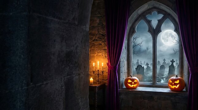 Carved glowing jack o lanterns sit upon an old stone window ledge inside a dark gothic castle room overlooking a spooky moonlit graveyard at night