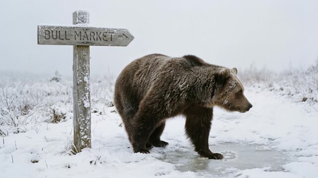 Bear sits near a sign reading Bull Market on a snowy path, with a Bitcoin symbol etched on ice, representing cryptocurrency market trends. Video made using Generative AI.