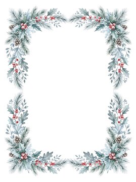 Christmas holly border with pine branches. Festive winter foliage frame for seasonal holiday