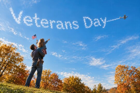 Veterans Day celebration featuring a father holding his daughter pointing at a skywriting airplane
