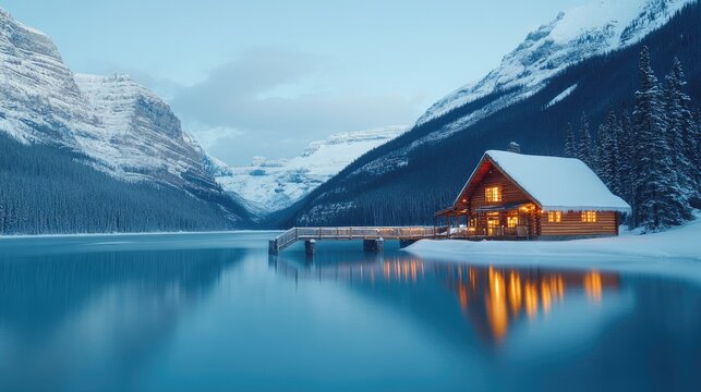 Winter tranquility at Eagle Field base under the starlit sky reflecting on Emerald Lake with a cozy wooden cabin and bridge