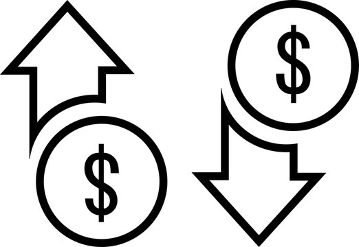 Dollar value increases and decreases minimal line icon set Transparent background.