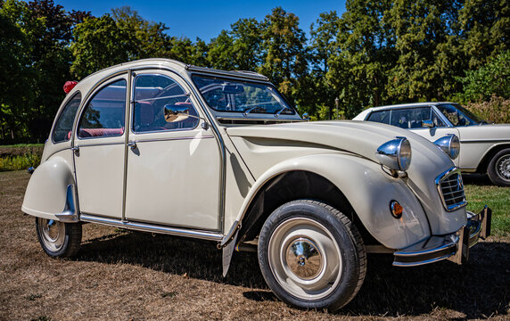 Bugatti Club Germany meeting in Bad Neuenahr, Germany - August 8, 2026: View of beige Citroen 2CV