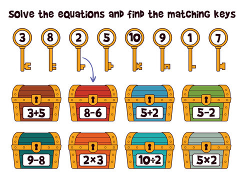 Fun math puzzle for kids with keys and treasure chests. Match each key to the correct chest by solving simple math problems. Educational counting game for children.