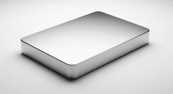 Sleek Silver External Hard Drive on White Background.