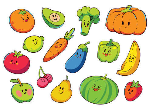 Fruits and vegetables with funny faces in comic style. Concept design. Colorful cartoon characters. Funny vector illustration. Isolated on white background. Set