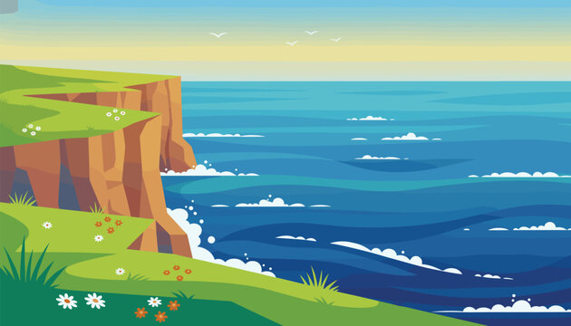 Majestic green cliffs covered in wildflowers meet the crashing blue waves of the ocean under a soft sunset sky.
