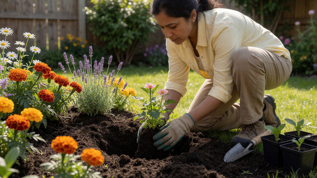 Eine junge Frau pflanzt bunte Blumen in ein vorbereitetes Gartenbeet. Erde, Setzlinge und nat&uuml;rliches Fr&uuml;hlingslicht sorgen f&uuml;r eine authentische Gartenszene.