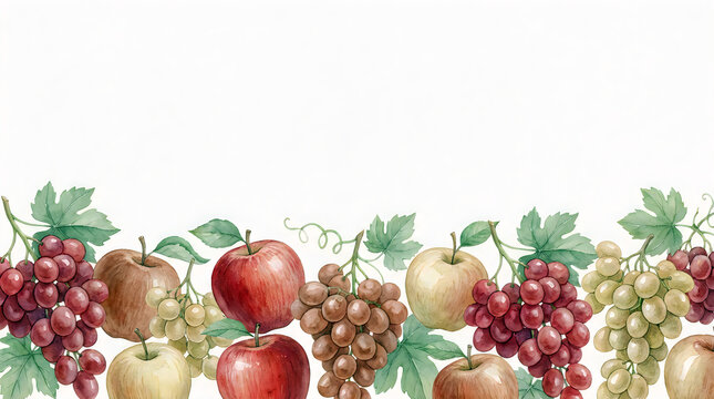 Watercolor border of fresh red apples and grapes on white background