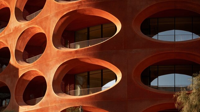 Unique modern red building facade with organic curved arch openings design