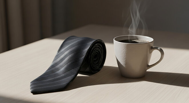 Black patterned necktie next to a hot cup of coffee