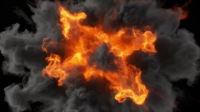 High-impact cinematic fire explosion with thick dark smoke isolated on black background, flame blast