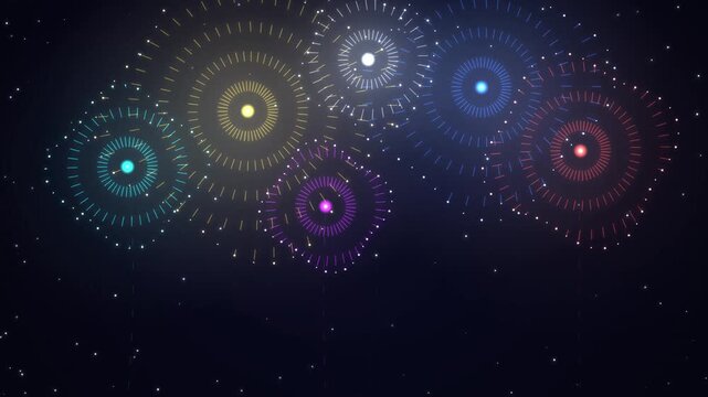 Colorful Neon Fireworks Bursts with Glowing Sparkling Particles