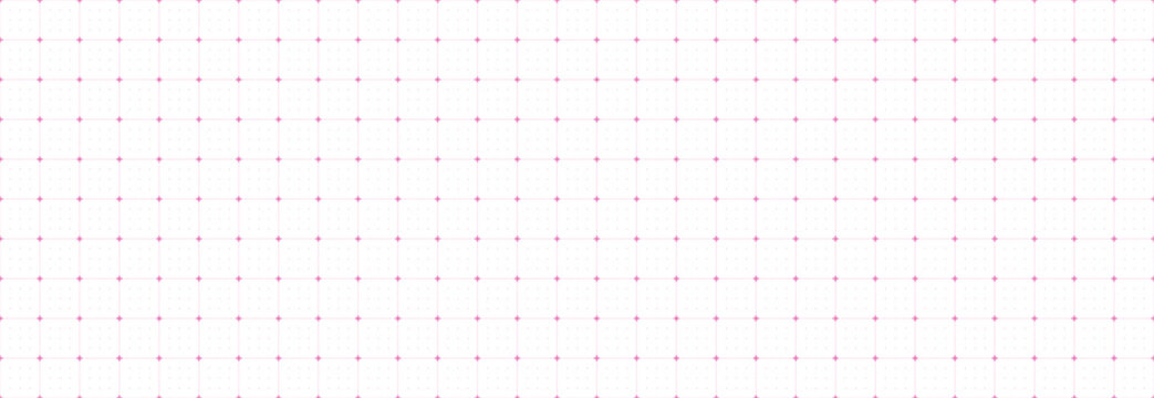 Seamless dash cross grid on white bg. Pink square millimeter paper with intersection markers. Blueprint style sheet. Vector FUI grid for technical drawings and notebook patterns, editable lines.