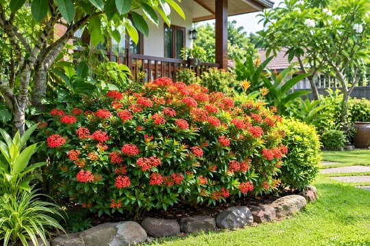 Vibrant red ixora bush blooming in lush tropical garden with stone border lawn
