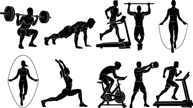 Gym fitness workout silhouettes set featuring barbell squats, pushups, treadmill running, pullups, jump rope, cycling, and kettlebell exercises
