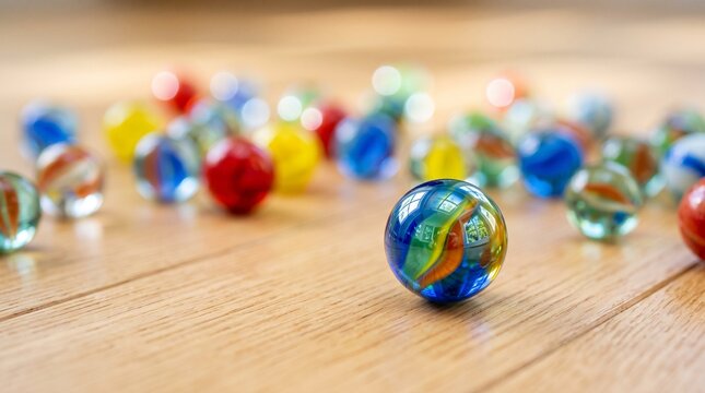 Colorful glass marbles scattered on a wooden floor with focus on a blue marble representing children indoor games and playtime
