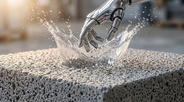 Chrome Articulated Hand and Heavy Water Splash on Pervious Concrete
