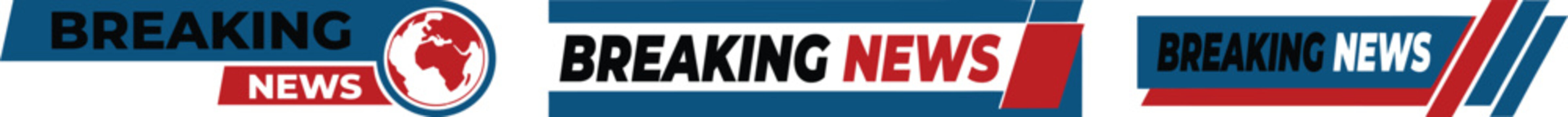 Collection of modern breaking news banners and headline labels featuring bold red and blue geometric designs, dynamic typography, globe symbols, and broadcast-style layouts.