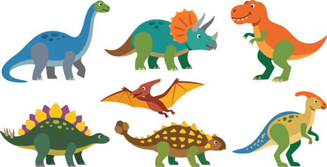 Cute colorful cartoon dinosaurs set including tyrannosaurus stegosaurus and triceratops isolated vector illustration © AmajST