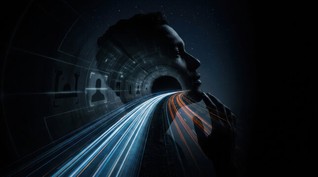 Identity technology speed biometric tunnel silhouette merges streams with thinking face as light trails convey rapid data exchange