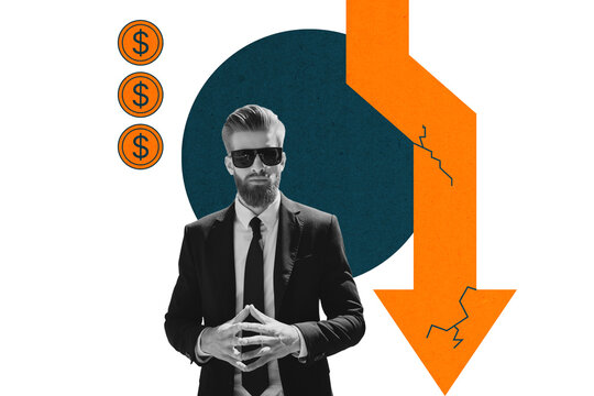 Composite photo collage of serious guy hold arms arrow down bankrupt failure problem briefcase dollar coin isolated on painted background