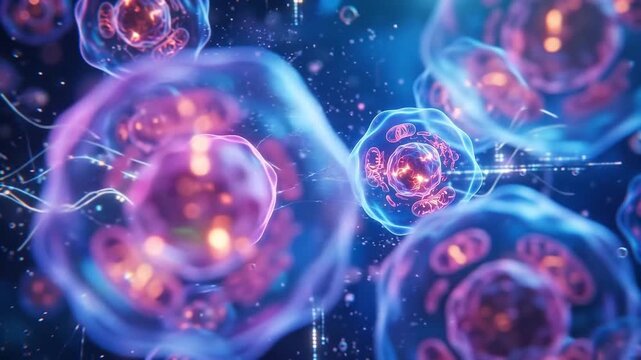 Abstract 3D cell division glowing microscopic stem cells animation footage