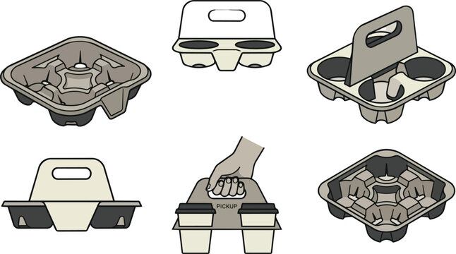 Coffee cup holder, drink carrier and takeout tray for beverage delivery, cafe service and disposable packaging. Paper pulp tray, transport and handle for liquid storage and portable container