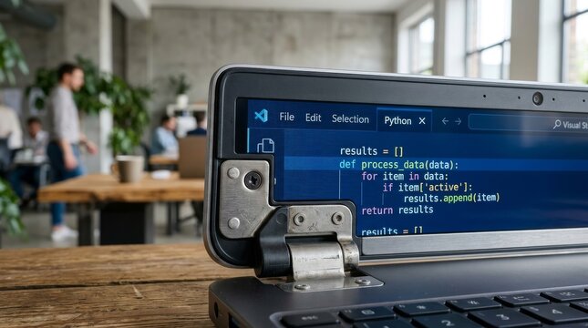 Close-up of Python Code on Laptop Screen in Modern Office Workspace