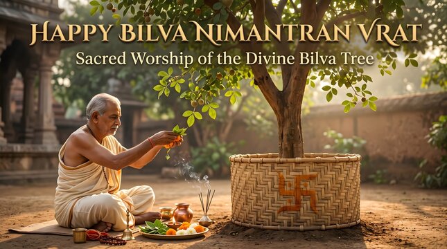 Elderly hindu priest performing sacred bilva nimantran vrat ritual worship