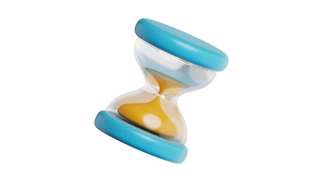 3D hourglass icon with blue caps and yellow sand, tilted sandglass for time management, modern glass timer on white background