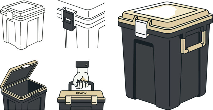 Storage box, plastic container and heavy duty bin for organization, cargo transport and equipment gear. Durable, industrial and outdoor tool case with secure latch, handle and lid for the storage.
