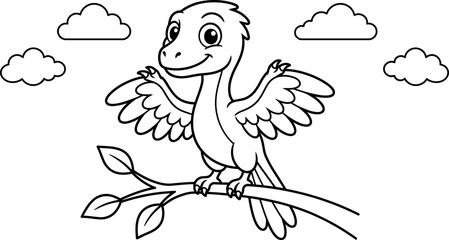 Cute baby flying dinosaur archaeopteryx coloring page on branch for kids vector © MOHAMMADJUBAYER